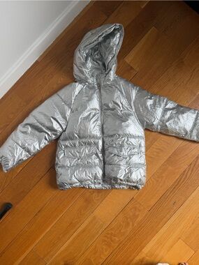 NWOT GIRLS Zara Metallic Silver Puffer Coat with Hood